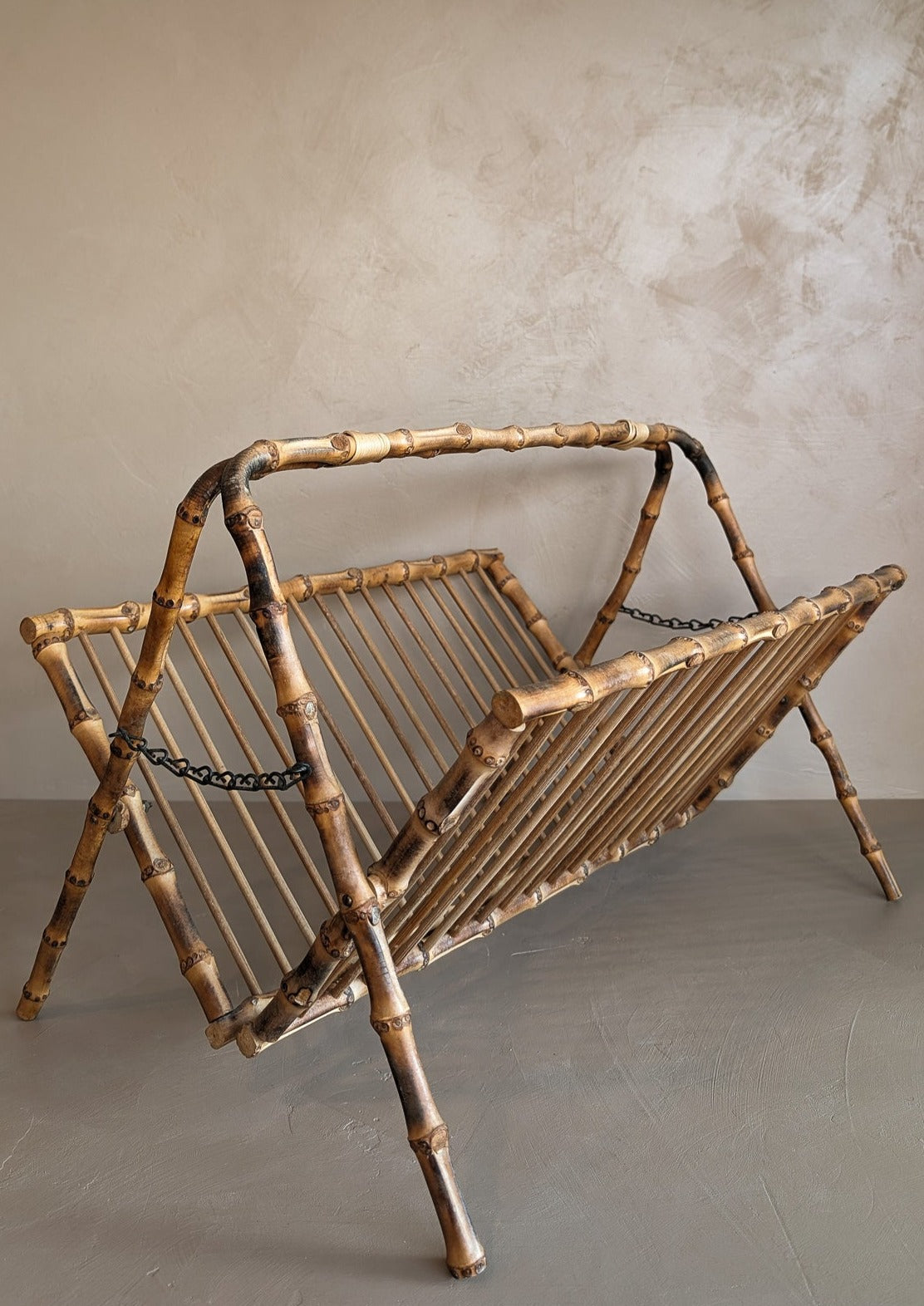 Midcentury Vintage French Folding Bamboo Magazine Rack