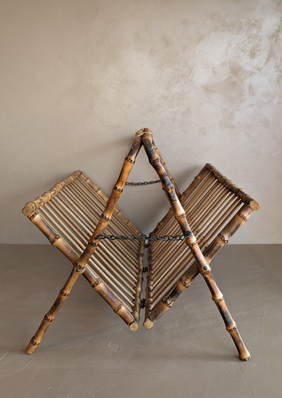 Midcentury Vintage French Folding Bamboo Magazine Rack