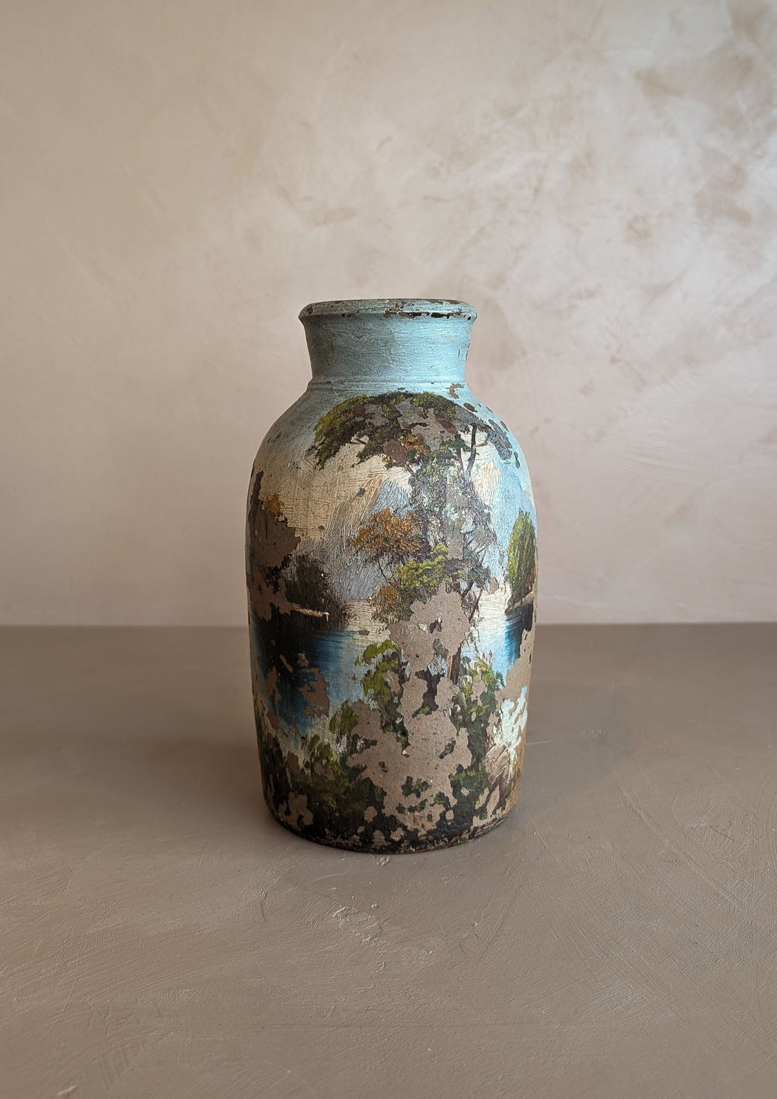 Antique Stoneware Crock with Hand-painted Landscape Scene