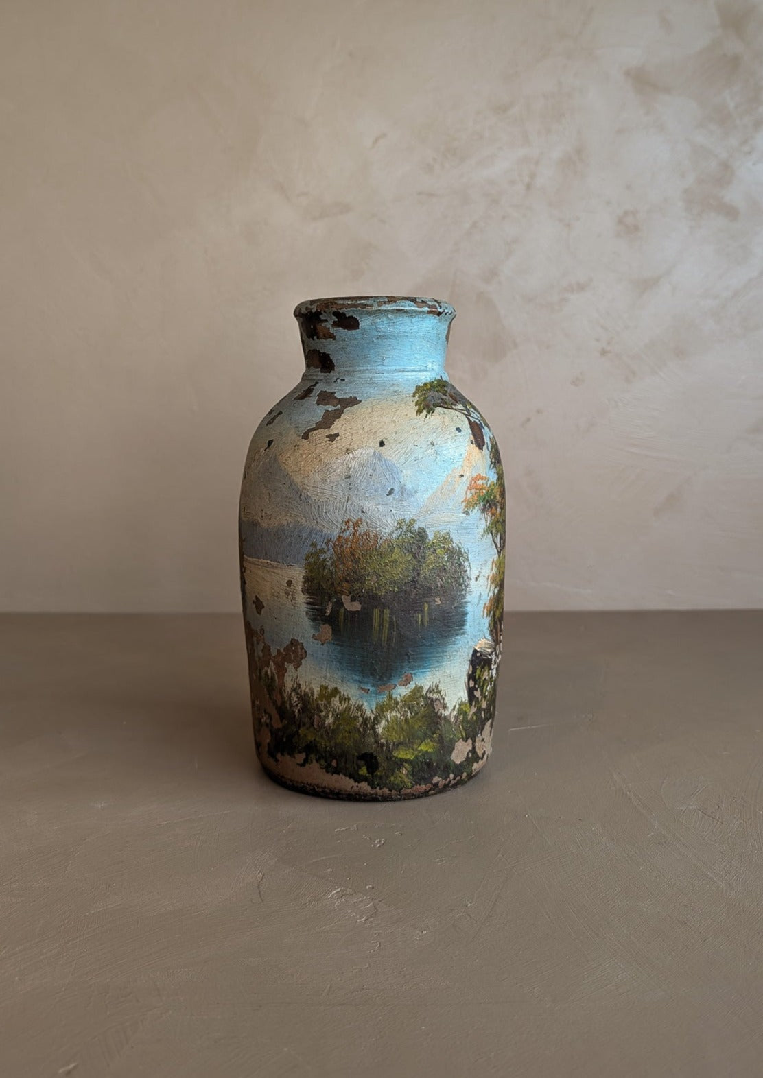 Antique Stoneware Crock with Hand-painted Landscape Scene