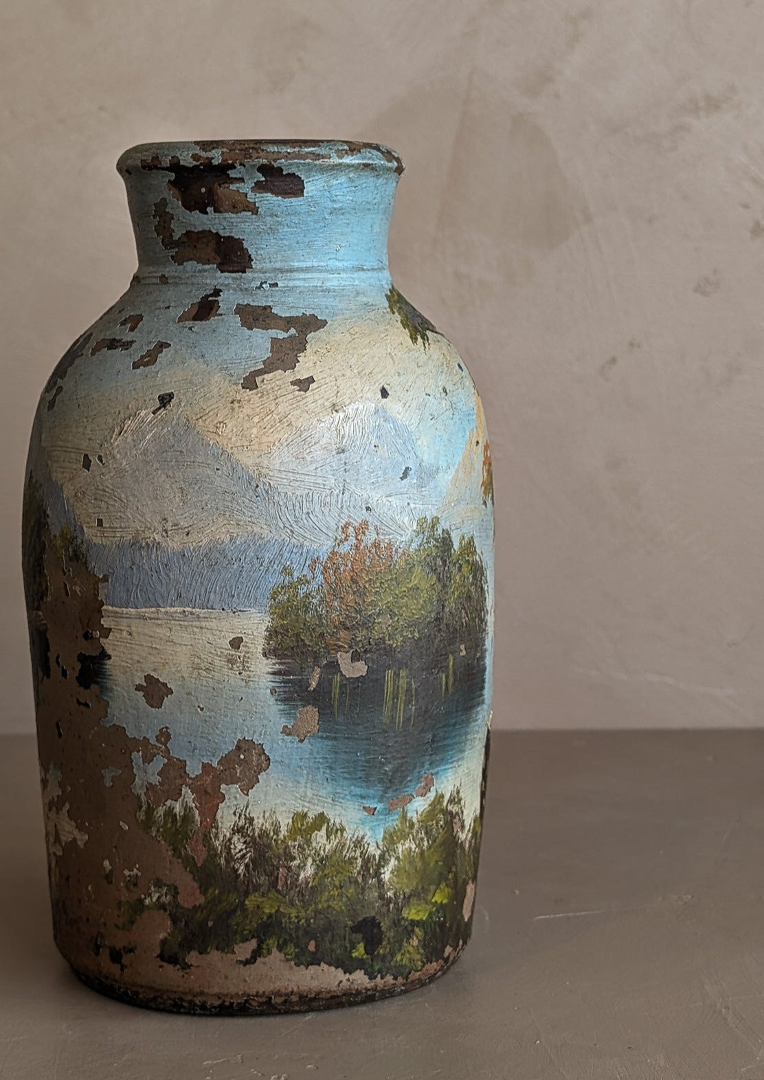 Antique Stoneware Crock with Hand-painted Landscape Scene