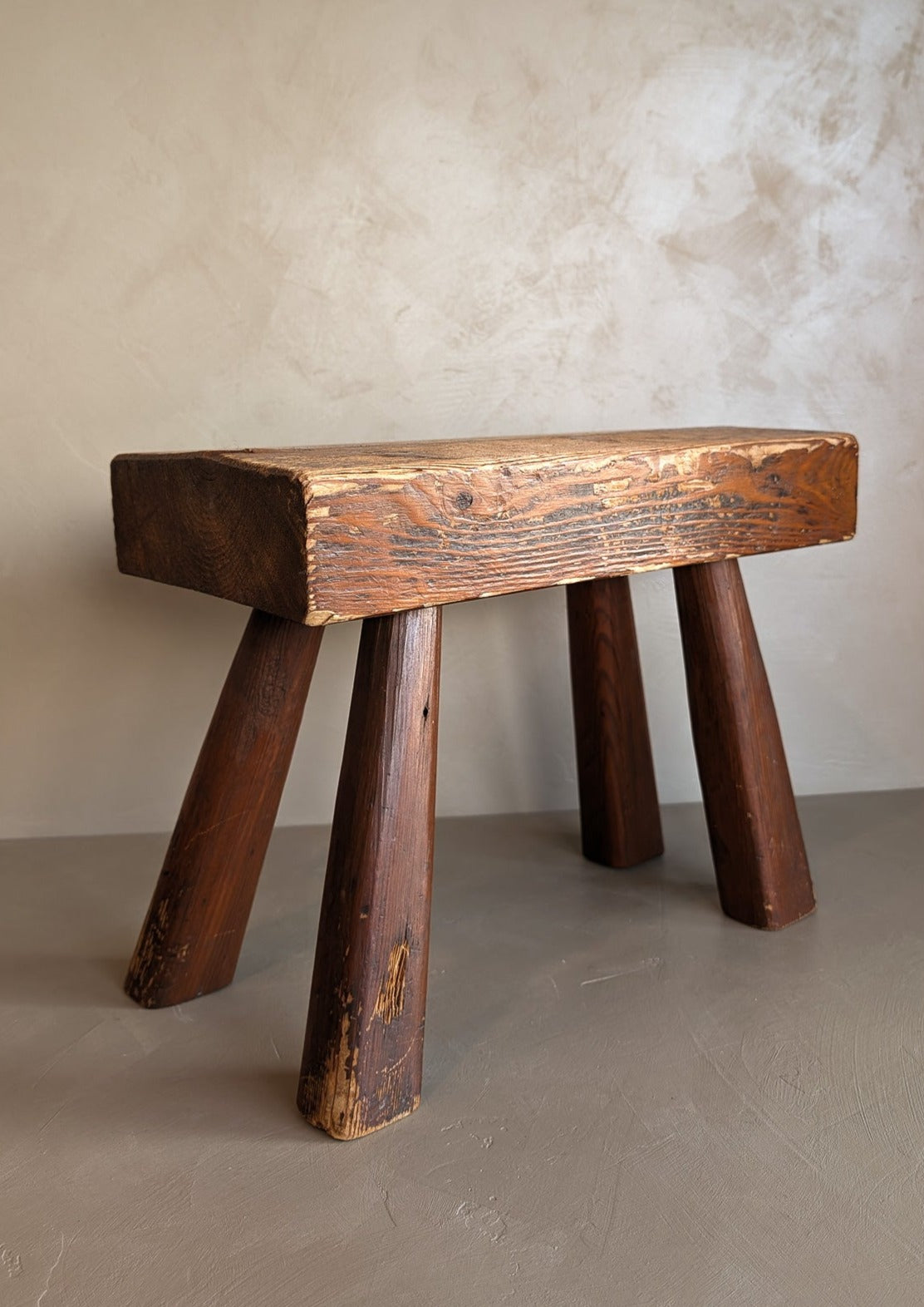 Vintage Handmade Splayed Leg Brutalist Chunky Wooden Stool