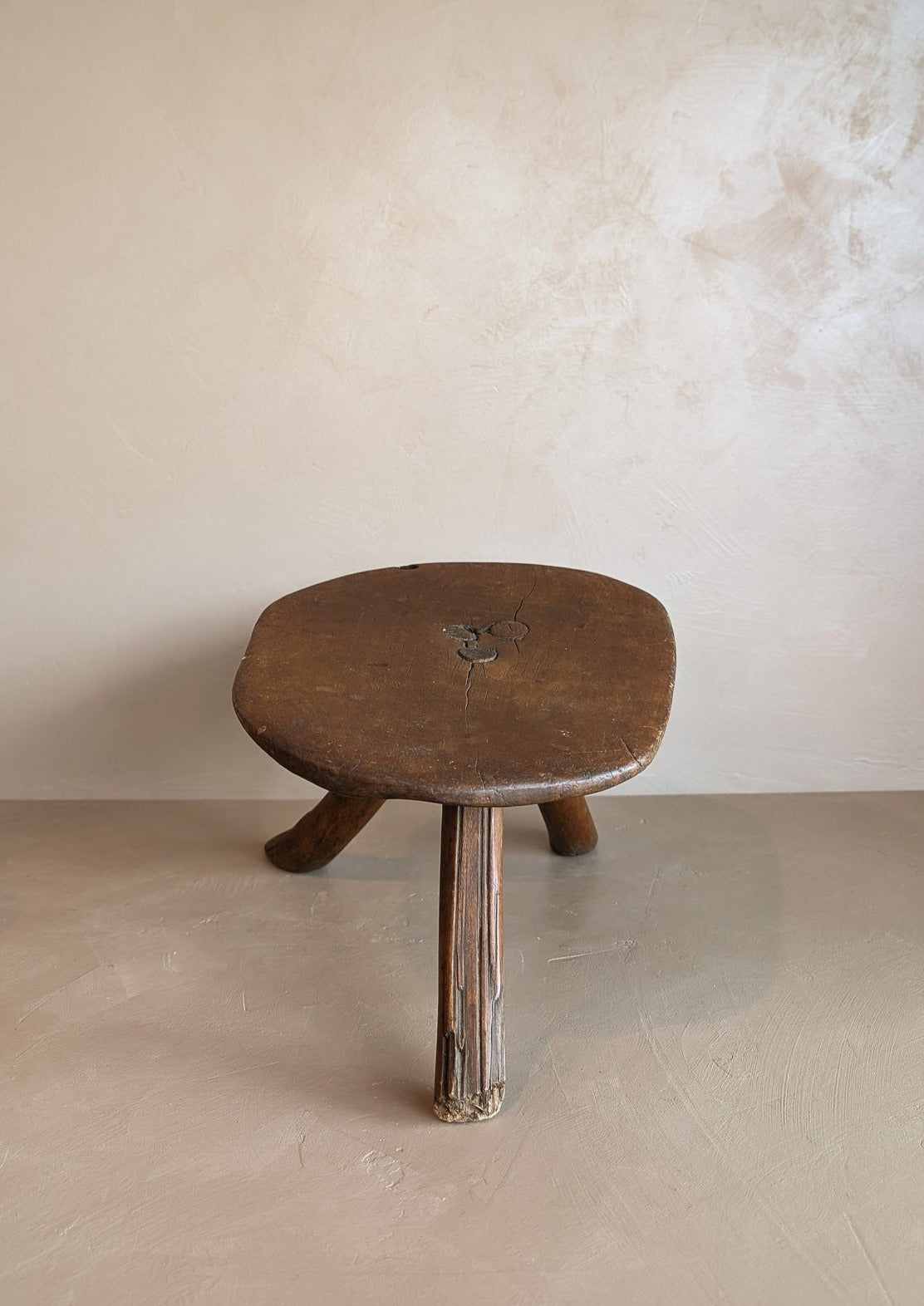 Primitive Three-Legged Wooden Milking Stool with Slanted Top