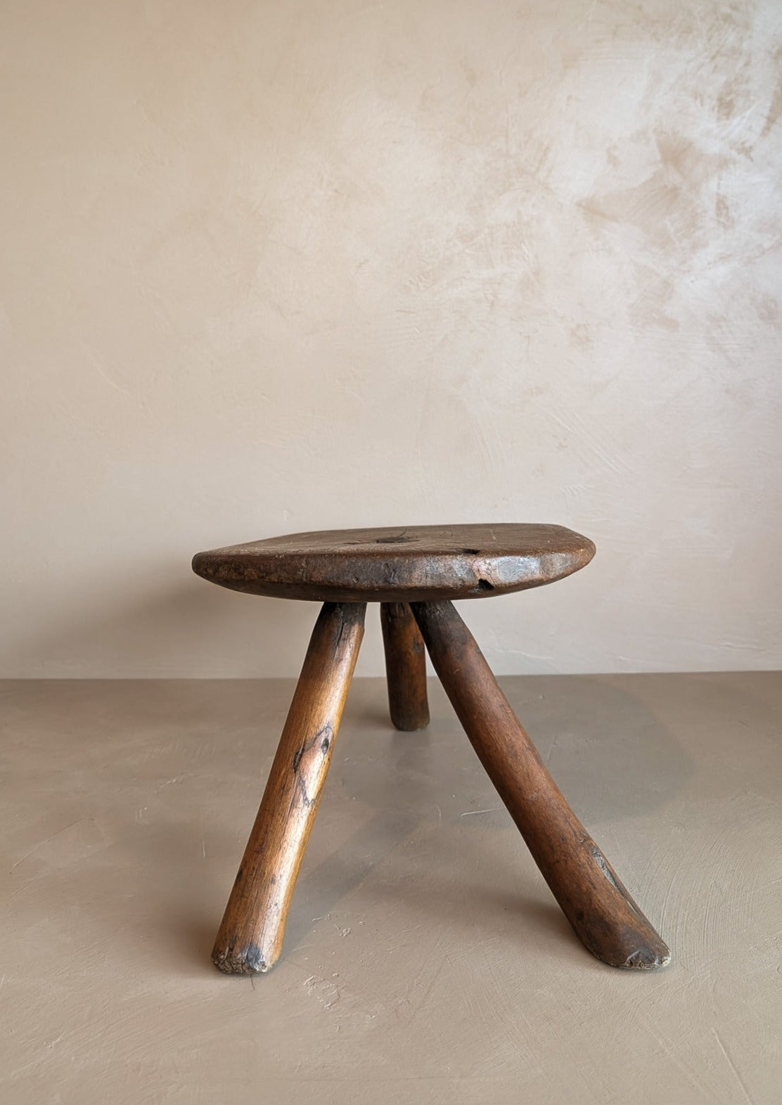 Primitive Three-Legged Wooden Milking Stool with Slanted Top