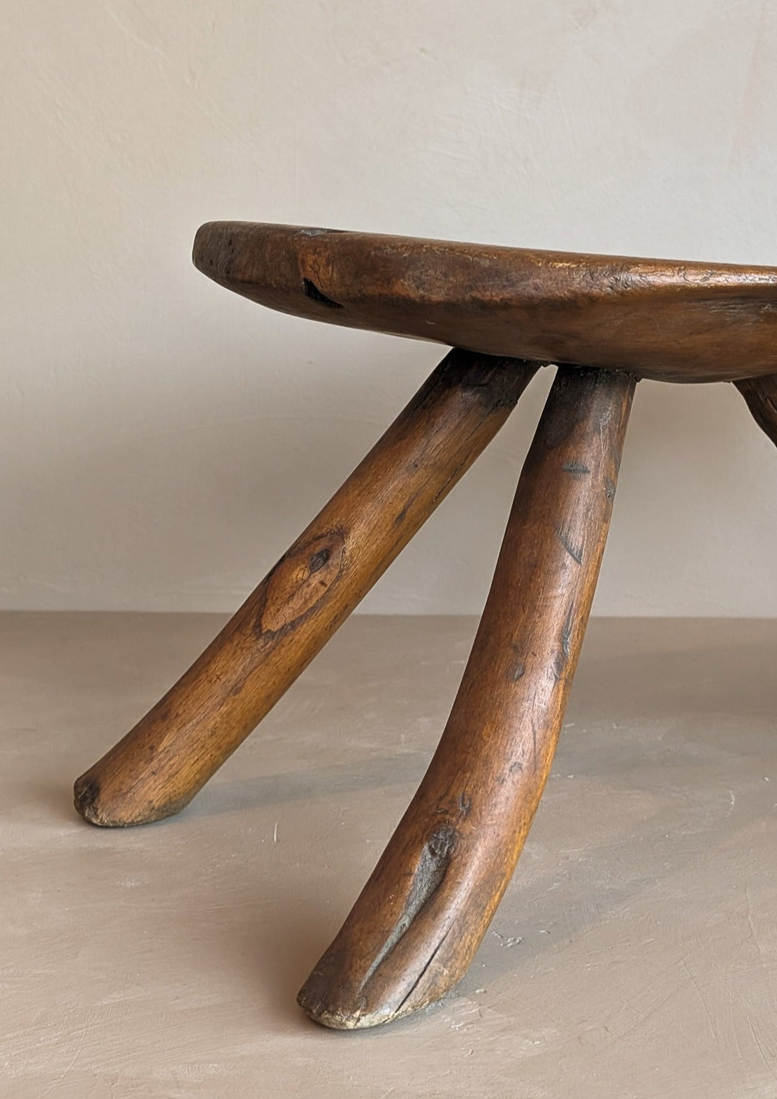 Primitive Three-Legged Wooden Milking Stool with Slanted Top