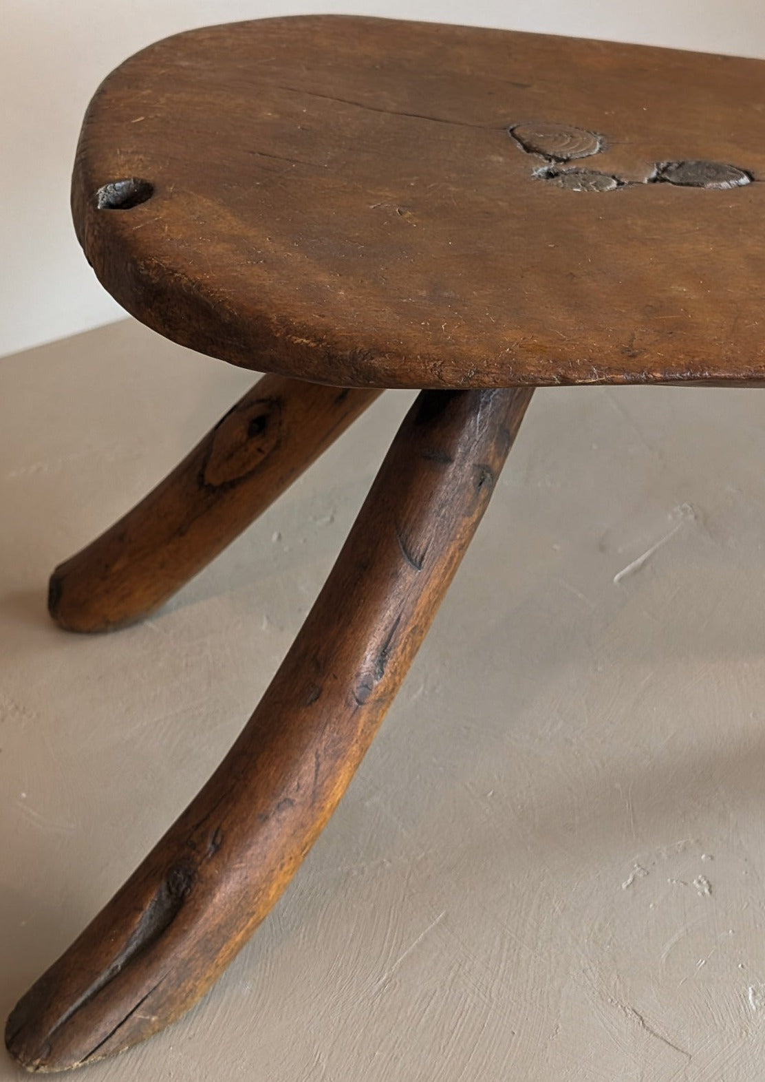 Primitive Three-Legged Wooden Milking Stool with Slanted Top