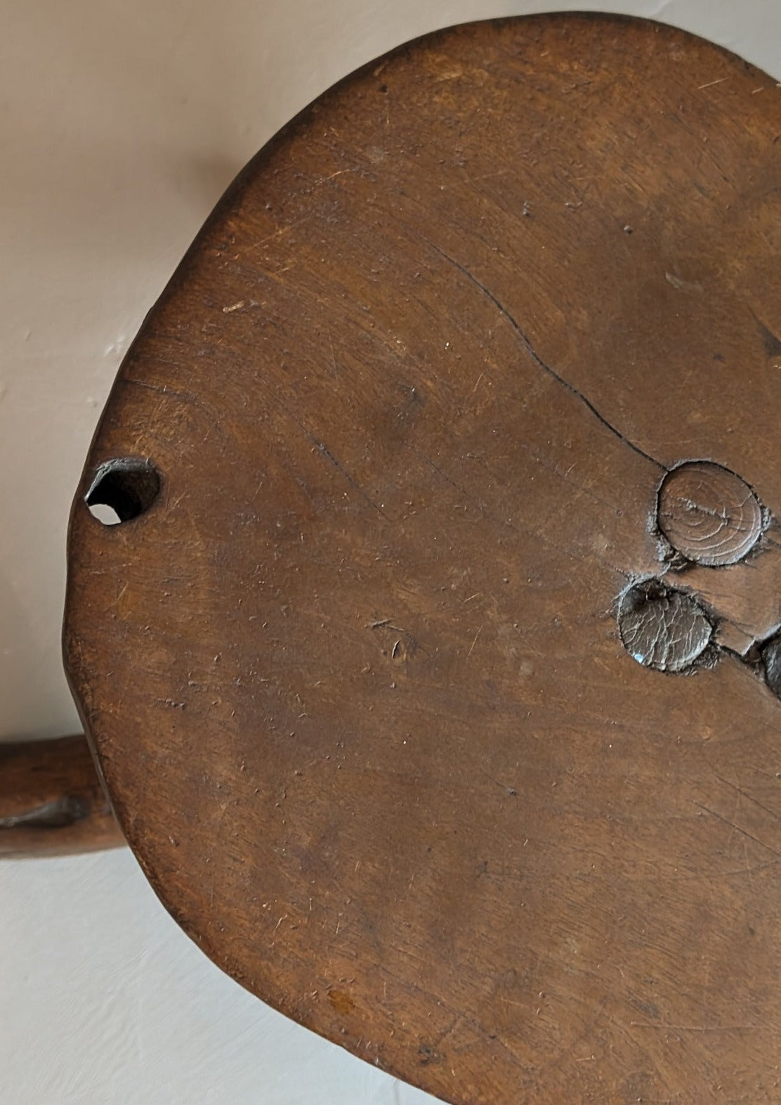 Primitive Three-Legged Wooden Milking Stool with Slanted Top