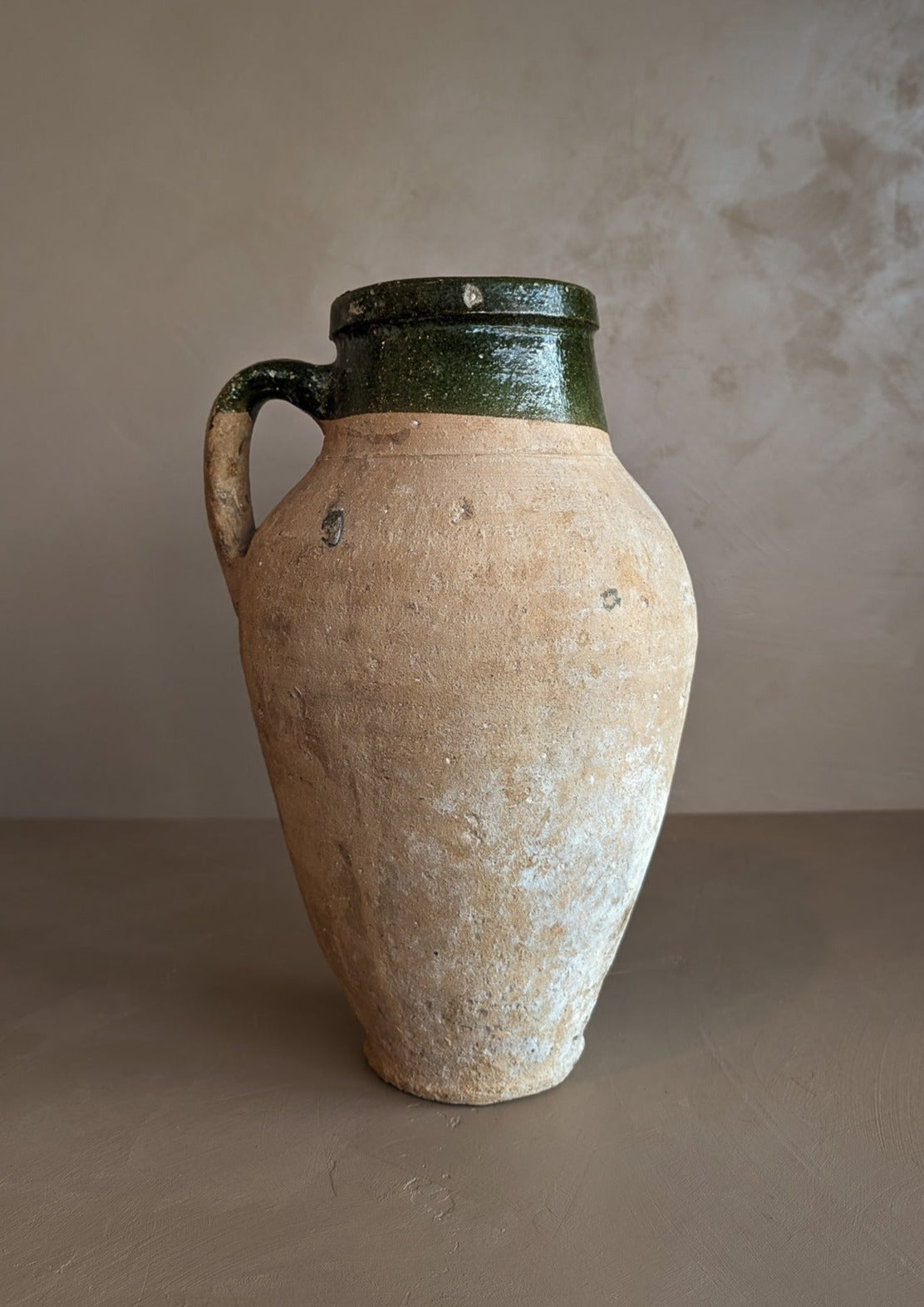 Vintage Turkish Olive Oil Jug with Green Glazed Rim