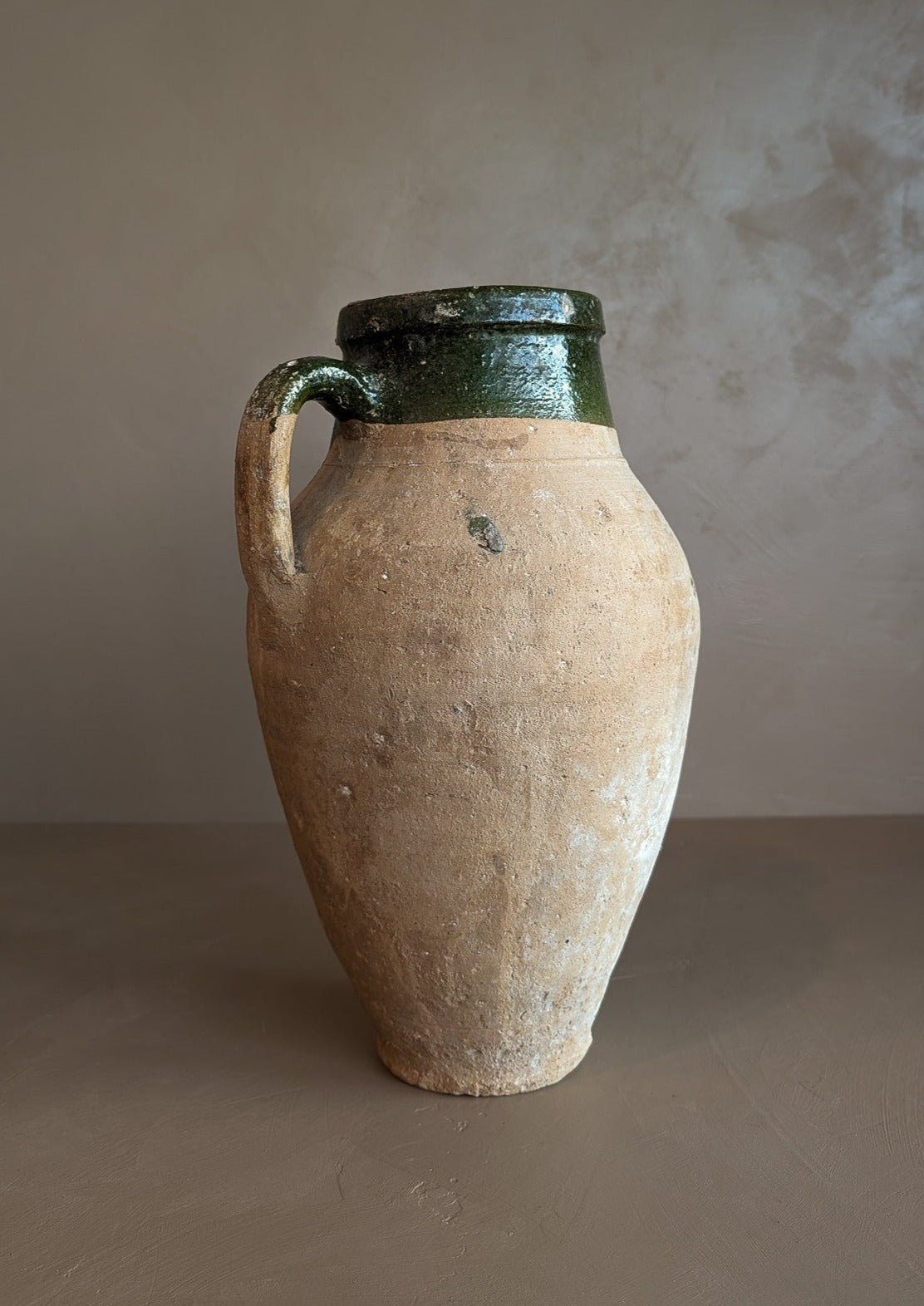 Vintage Turkish Olive Oil Jug with Green Glazed Rim