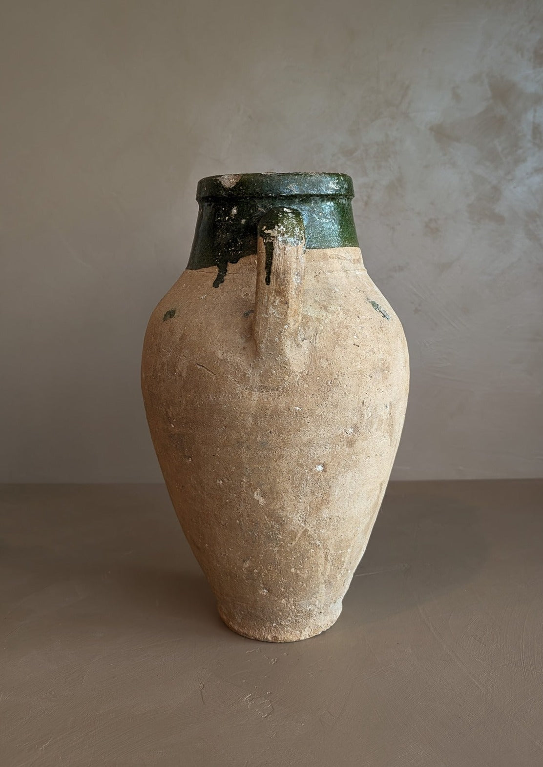 Vintage Turkish Olive Oil Jug with Green Glazed Rim