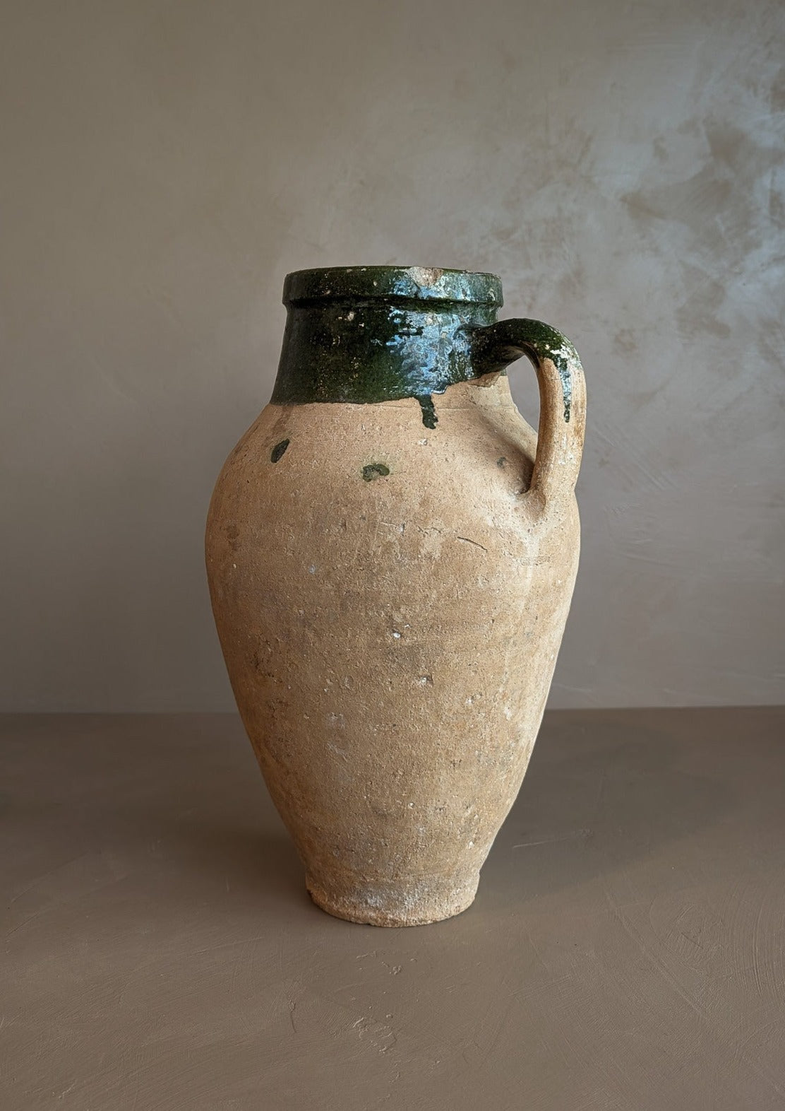 Vintage Turkish Olive Oil Jug with Green Glazed Rim