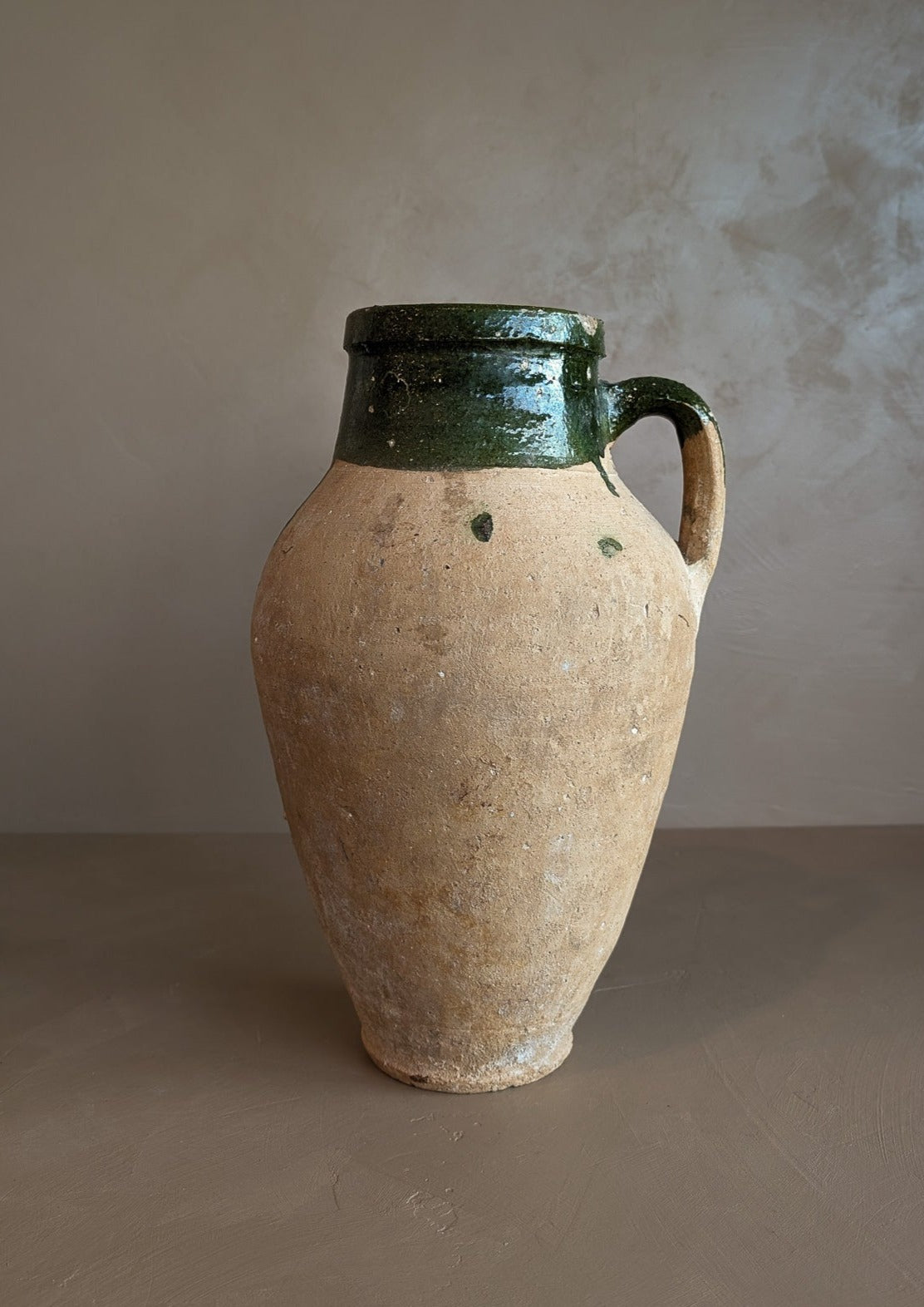 Vintage Turkish Olive Oil Jug with Green Glazed Rim