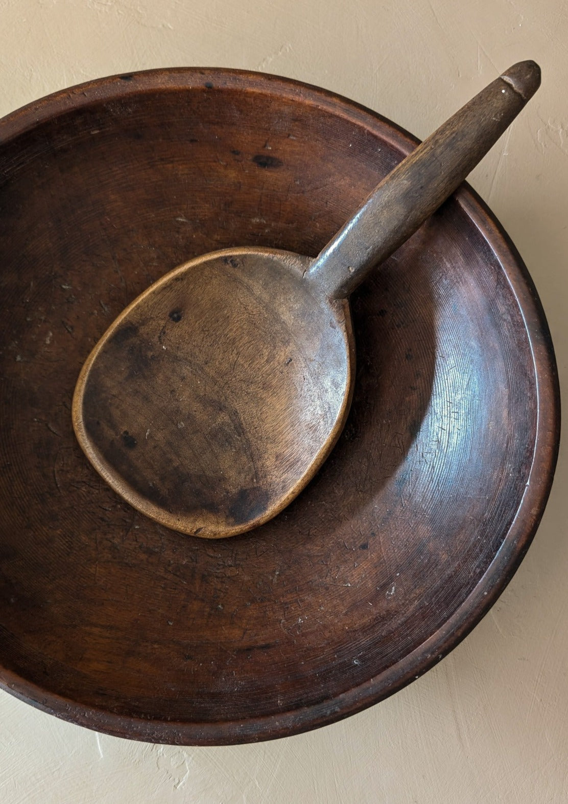 Vintage Hand-turned Wooden Butter/Dough Bowl with Butter Paddle