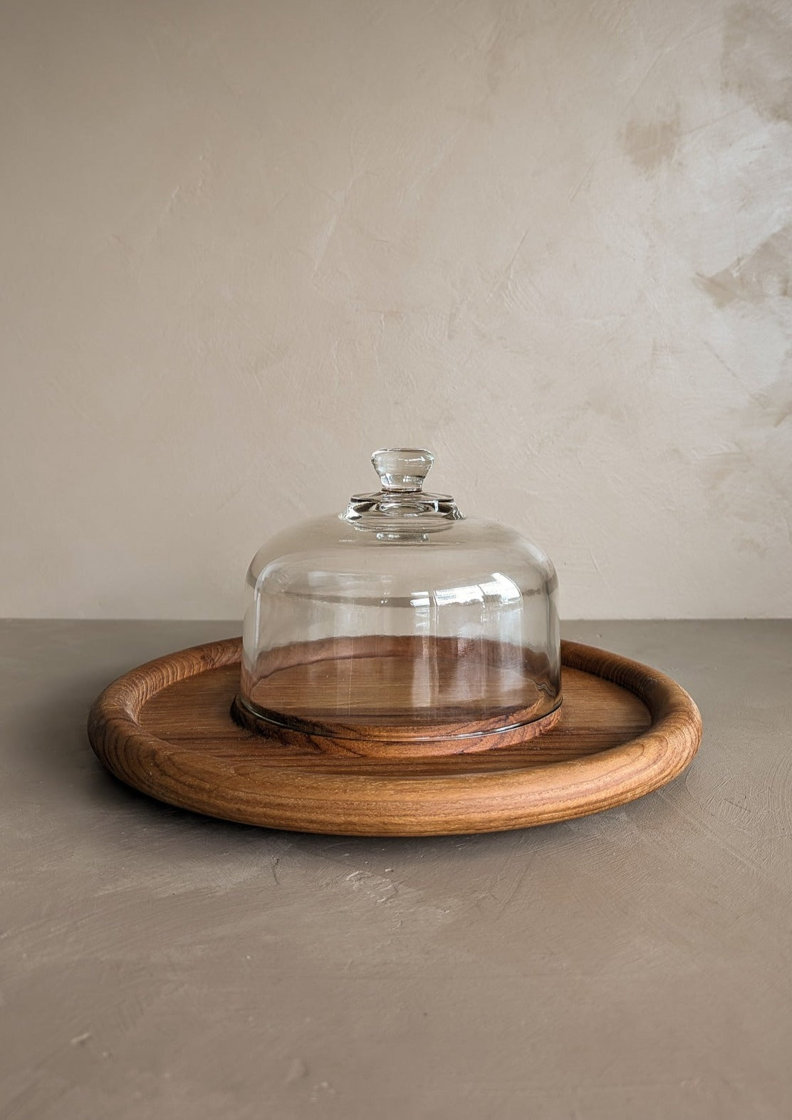 Vintage Wooden Teak Serving Tray with Glass Dome