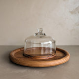 Vintage Wooden Teak Serving Tray with Glass Dome