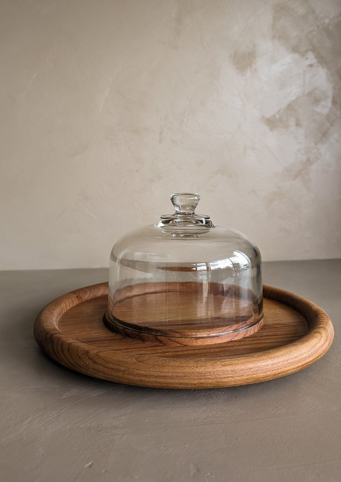 Vintage Wooden Teak Serving Tray with Glass Dome