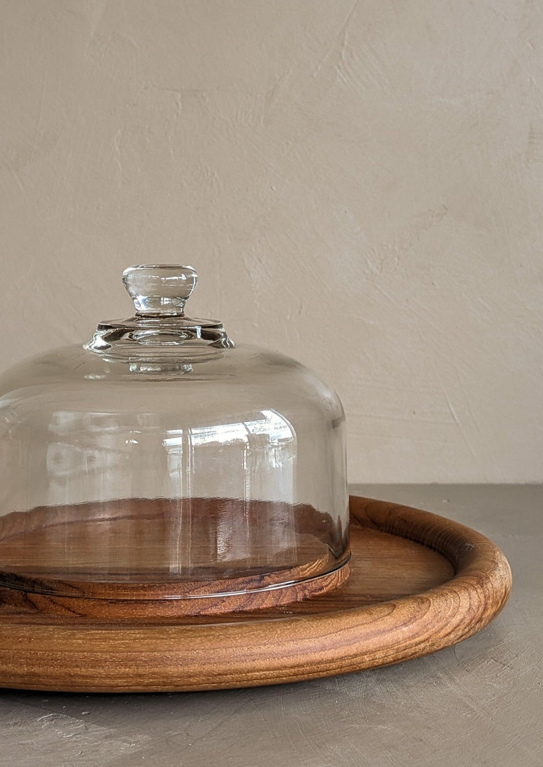 Vintage Wooden Teak Serving Tray with Glass Dome