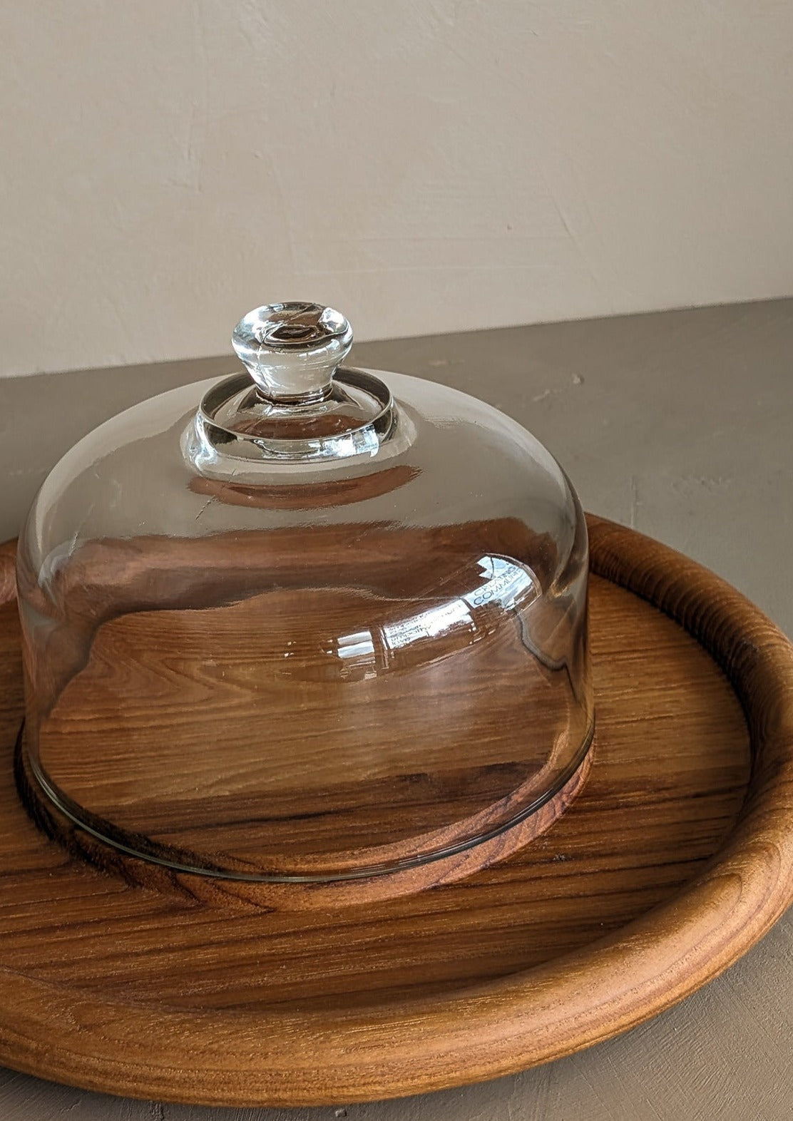 Vintage Wooden Teak Serving Tray with Glass Dome