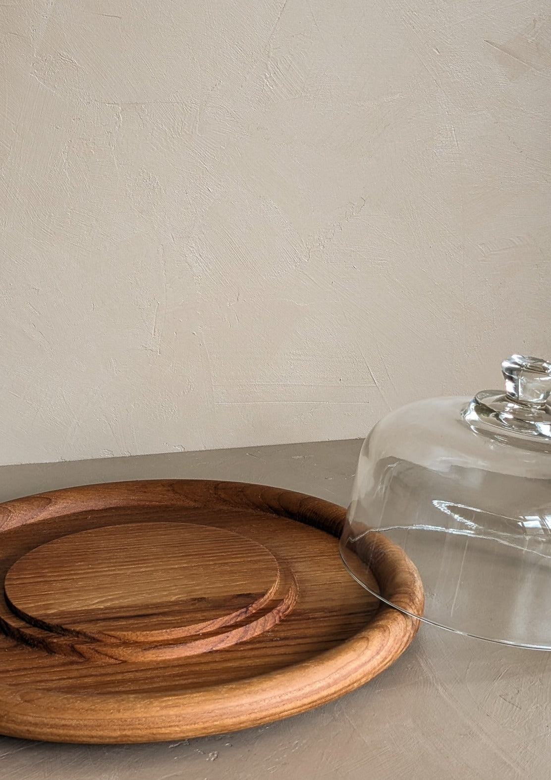 Vintage Wooden Teak Serving Tray with Glass Dome