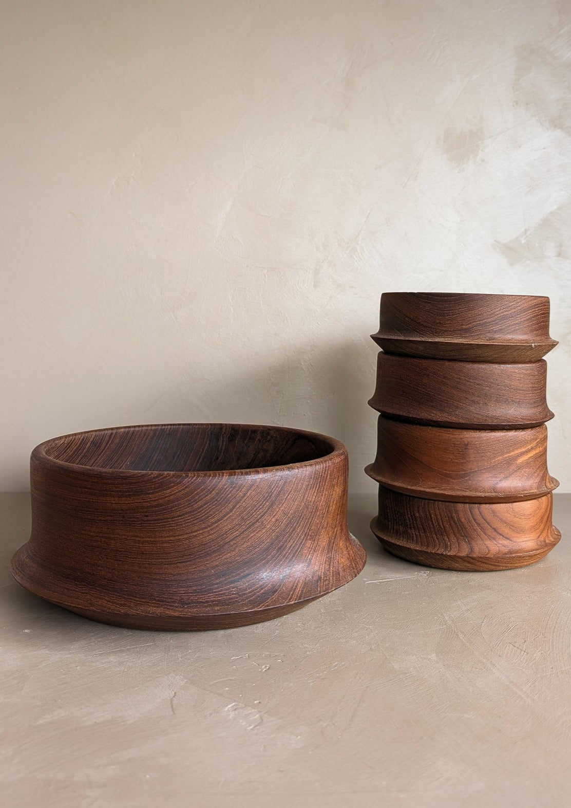 Vintage Hand-turned Teak Salad and Serving Bowl Set