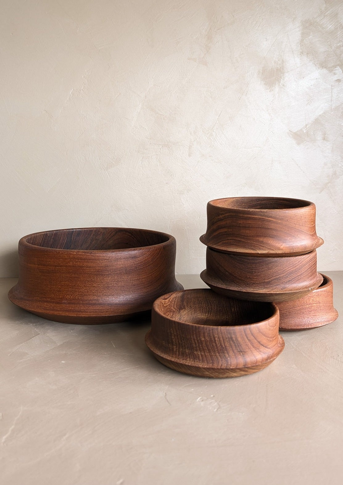 Vintage Hand-turned Teak Salad and Serving Bowl Set