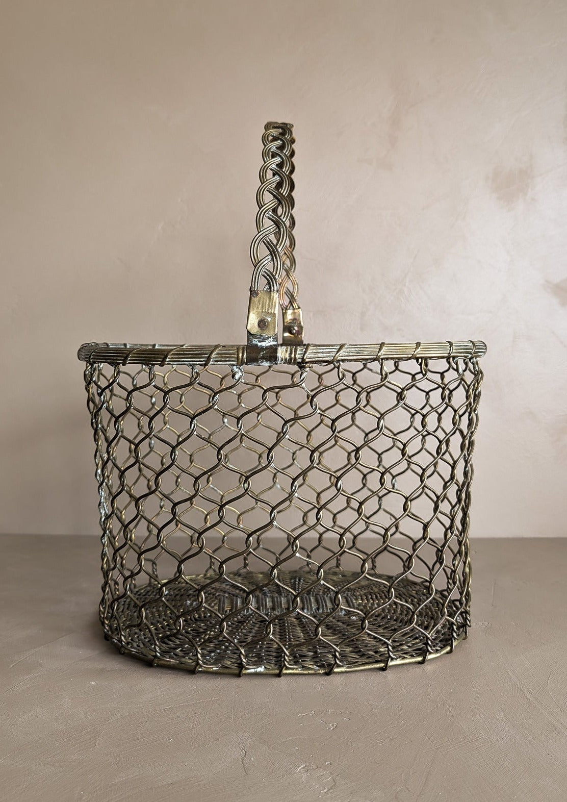 Vintage Woven Brass Basket with Movable Handle