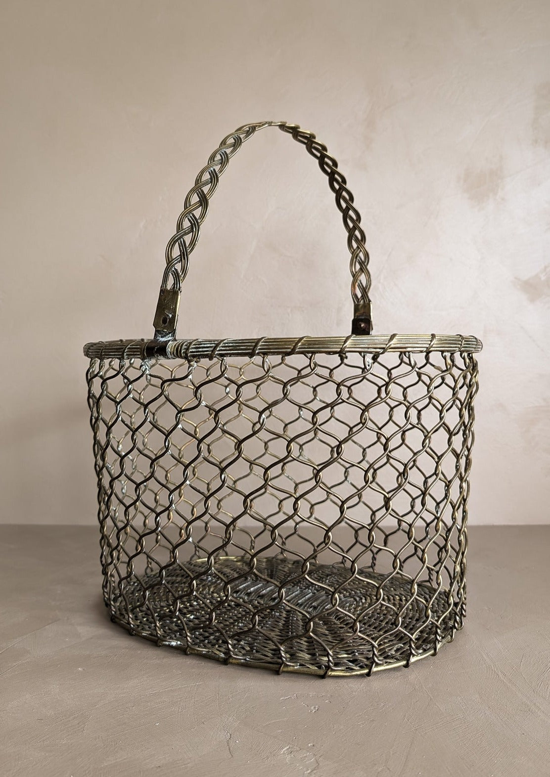 Vintage Woven Brass Basket with Movable Handle