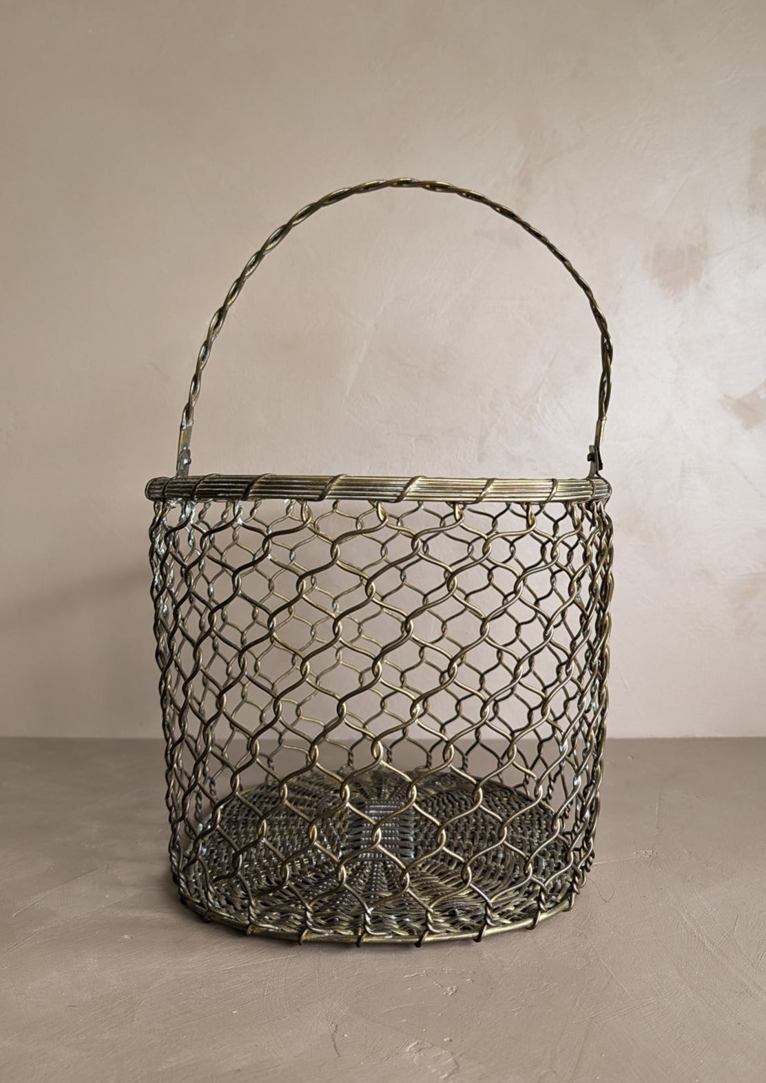 Vintage Woven Brass Basket with Movable Handle