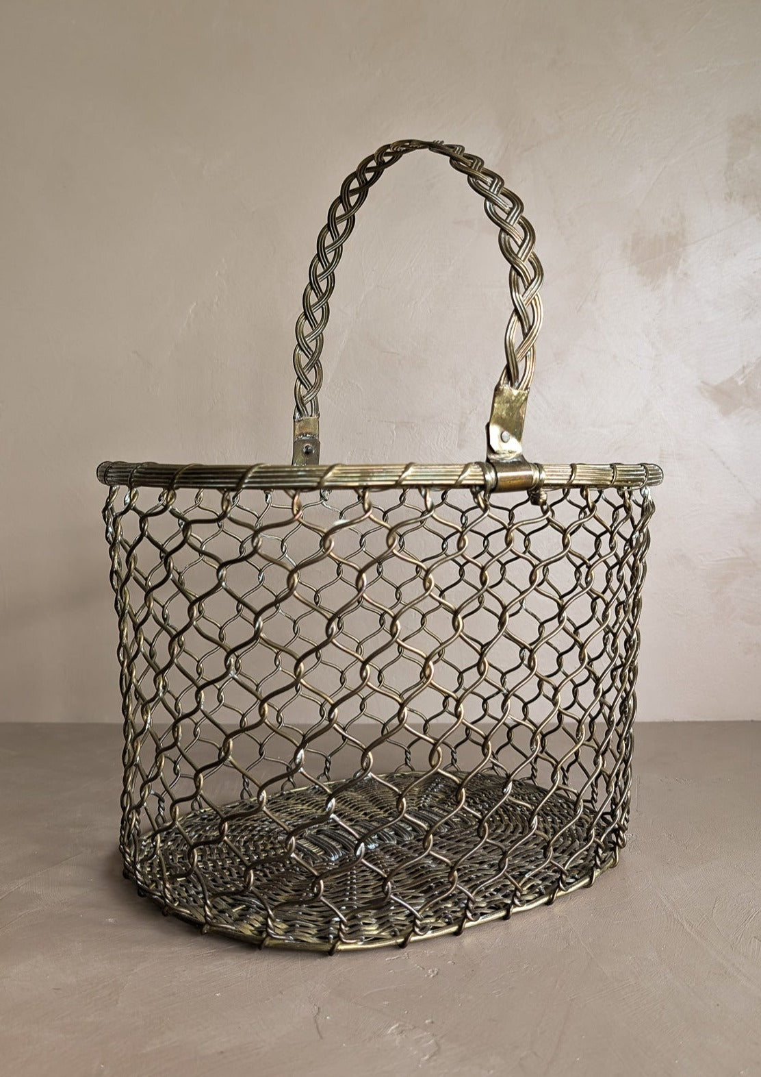 Vintage Woven Brass Basket with Movable Handle