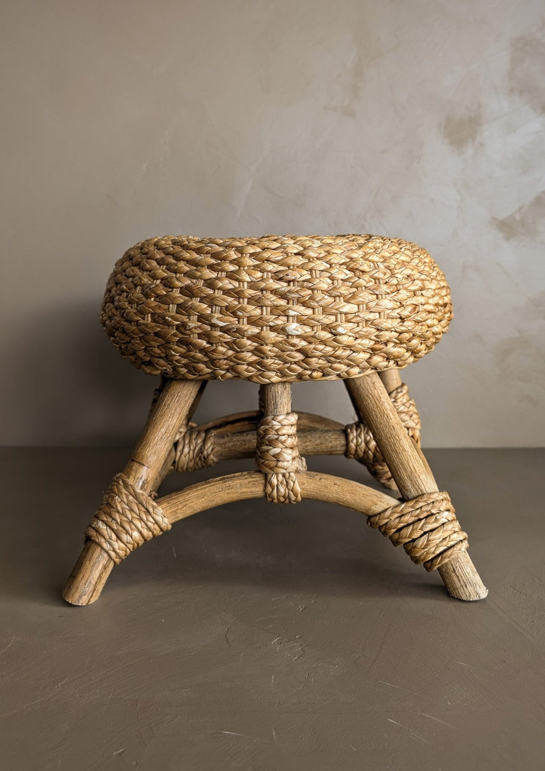 Vintage Mushroom-Top Blonde Textured Woven and Rattan Stool