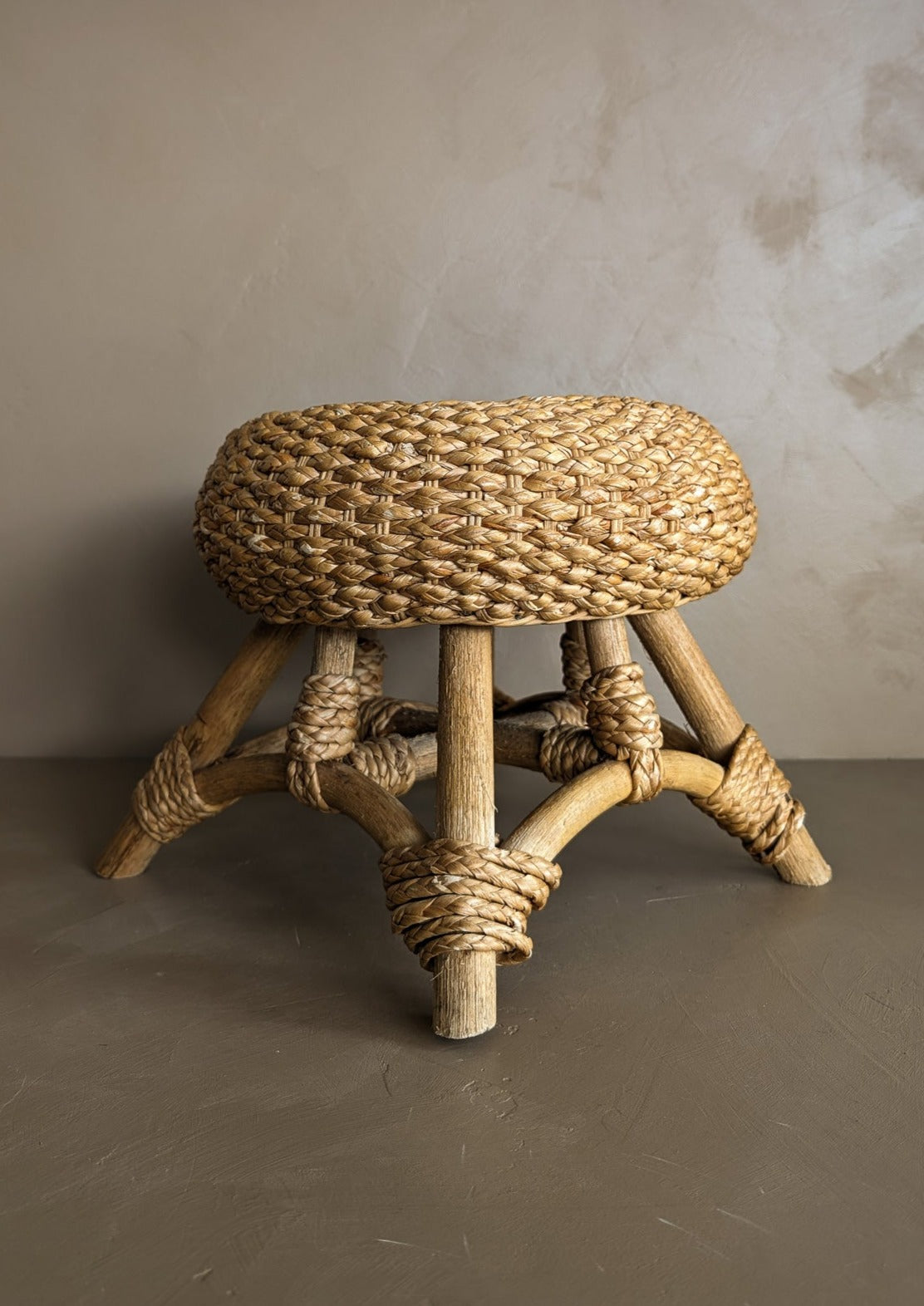 Vintage Mushroom-Top Blonde Textured Woven and Rattan Stool