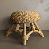 Vintage Mushroom-Top Blonde Textured Woven and Rattan Stool