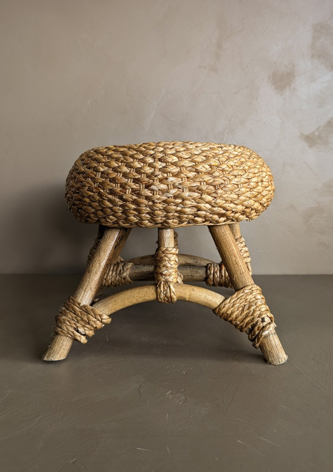 Vintage Mushroom-Top Blonde Textured Woven and Rattan Stool