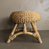 Vintage Mushroom-Top Blonde Textured Woven and Rattan Stool