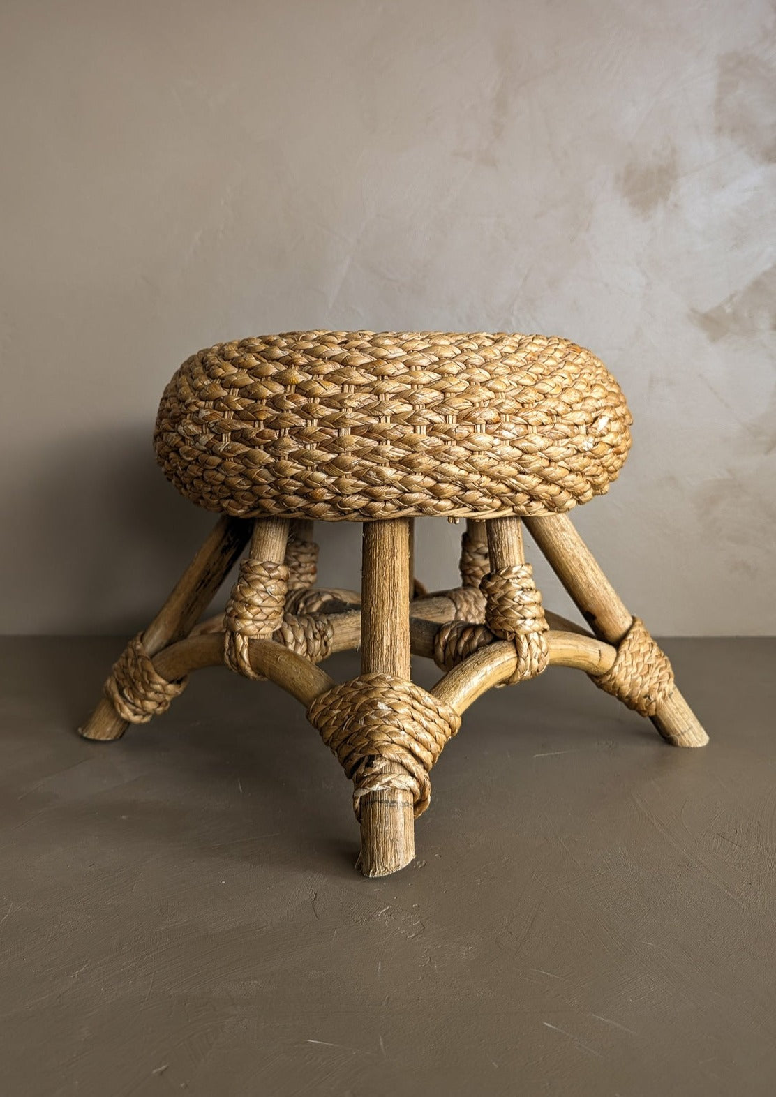 Vintage Mushroom-Top Blonde Textured Woven and Rattan Stool