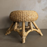 Vintage Mushroom-Top Blonde Textured Woven and Rattan Stool