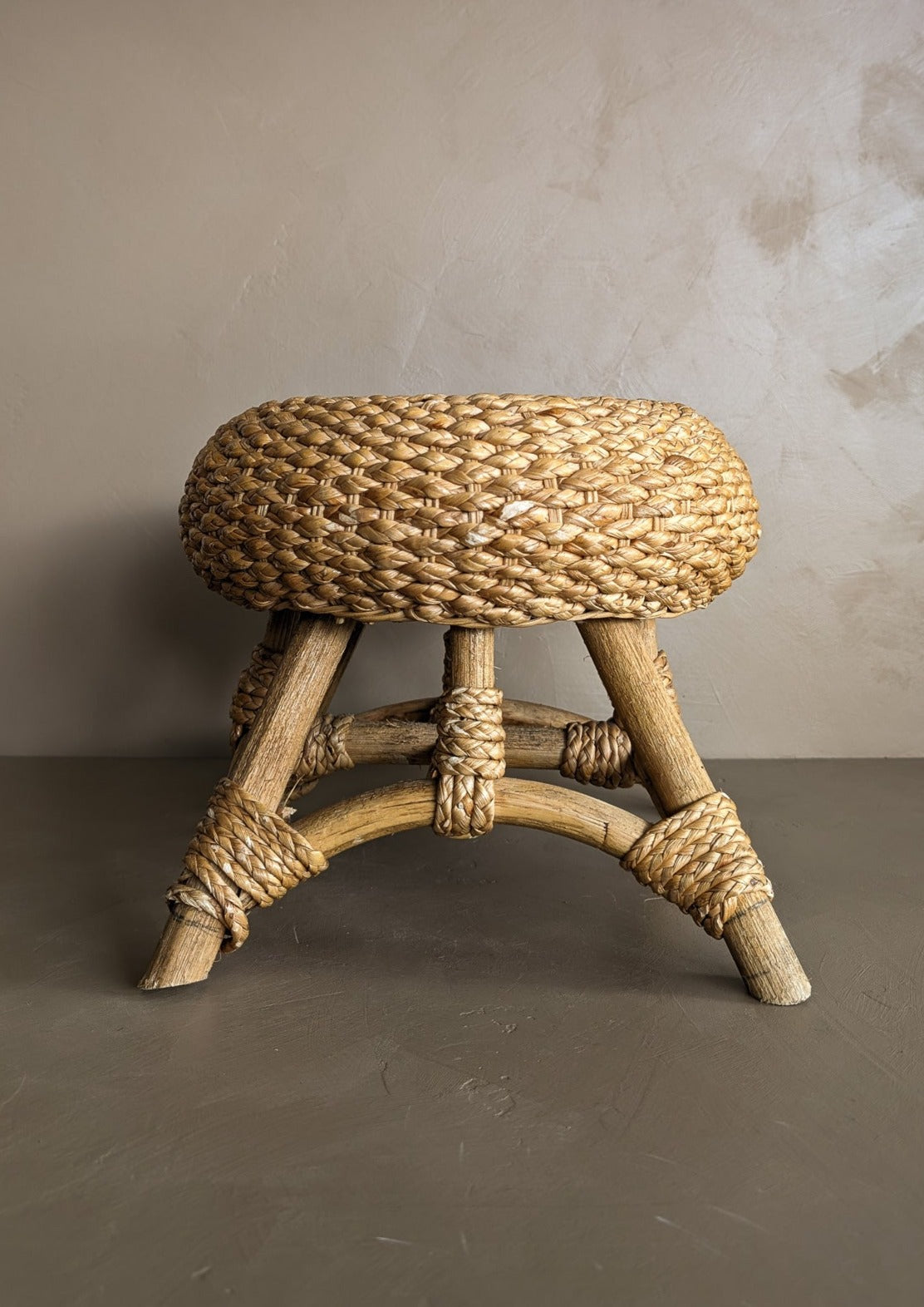 Vintage Mushroom-Top Blonde Textured Woven and Rattan Stool