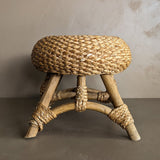 Vintage Mushroom-Top Blonde Textured Woven and Rattan Stool