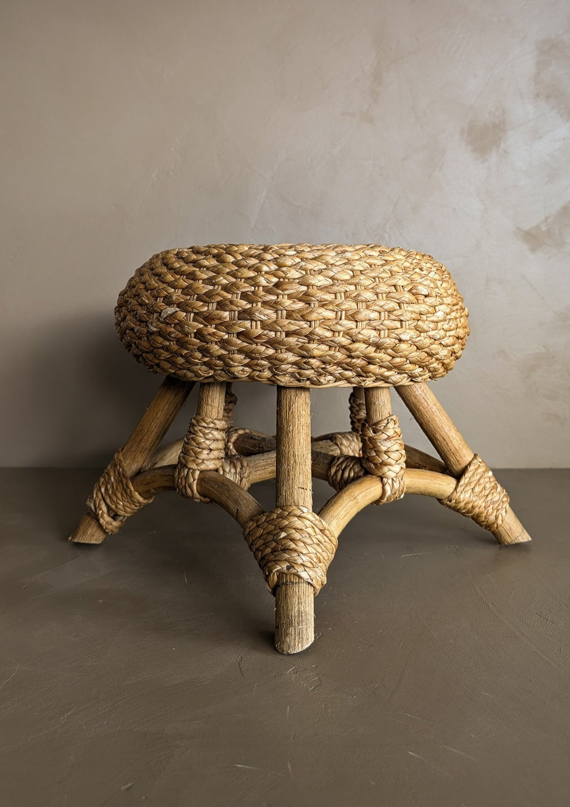 Vintage Mushroom-Top Blonde Textured Woven and Rattan Stool