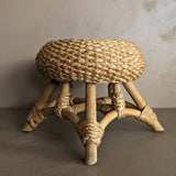 Vintage Mushroom-Top Blonde Textured Woven and Rattan Stool