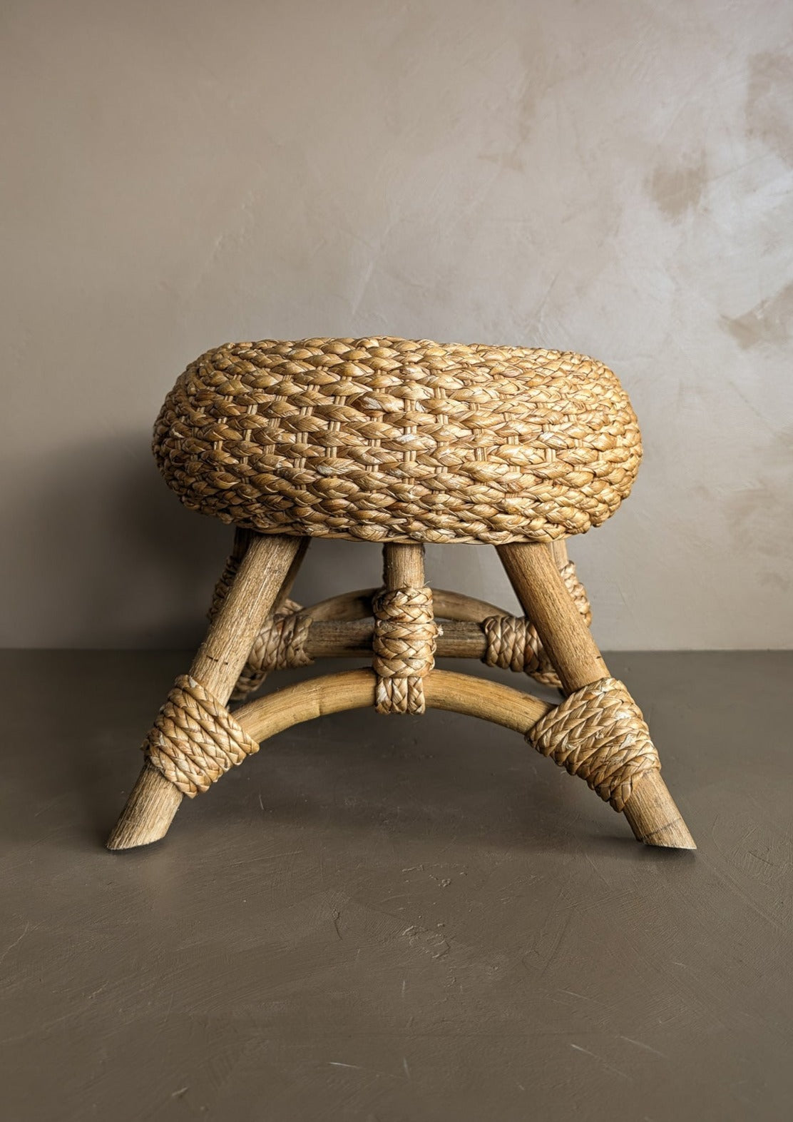 Vintage Mushroom-Top Blonde Textured Woven and Rattan Stool