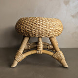 Vintage Mushroom-Top Blonde Textured Woven and Rattan Stool