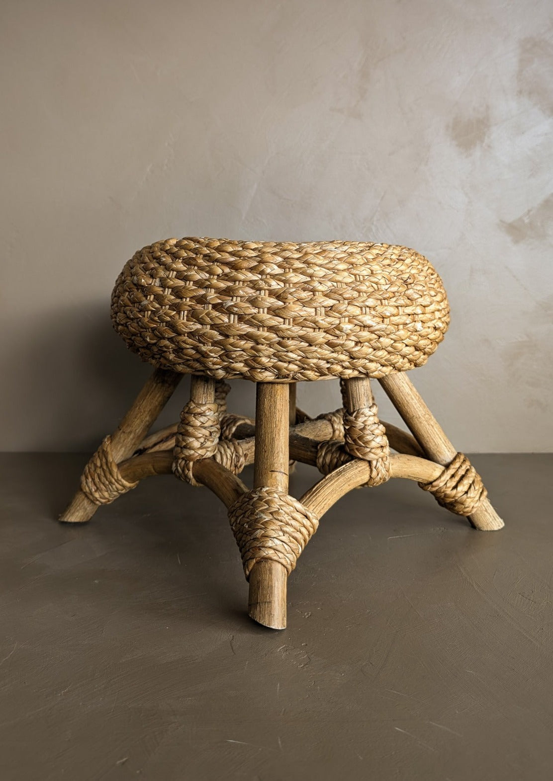 Vintage Mushroom-Top Blonde Textured Woven and Rattan Stool