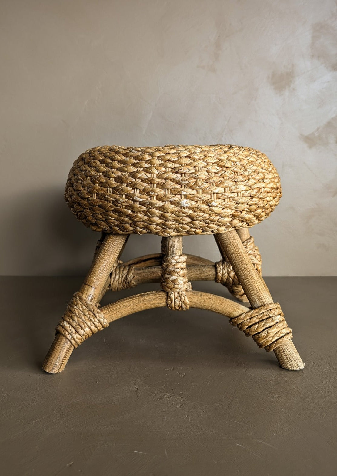 Vintage Mushroom-Top Blonde Textured Woven and Rattan Stool