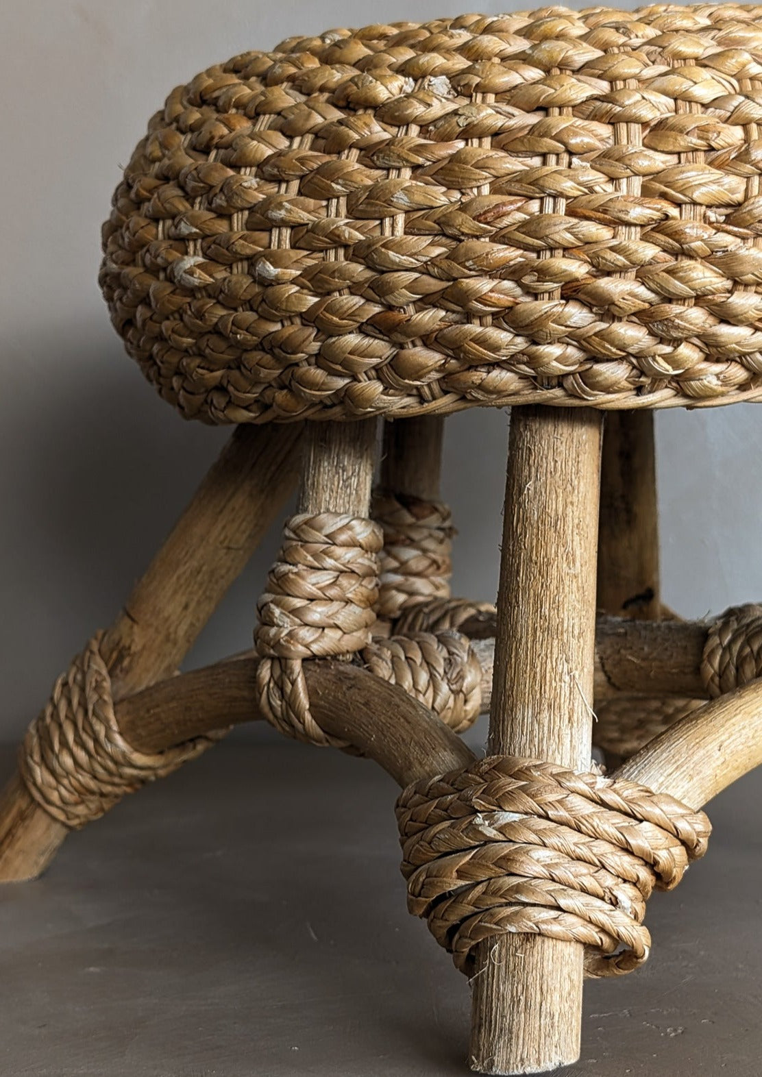 Vintage Mushroom-Top Blonde Textured Woven and Rattan Stool