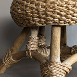 Vintage Mushroom-Top Blonde Textured Woven and Rattan Stool