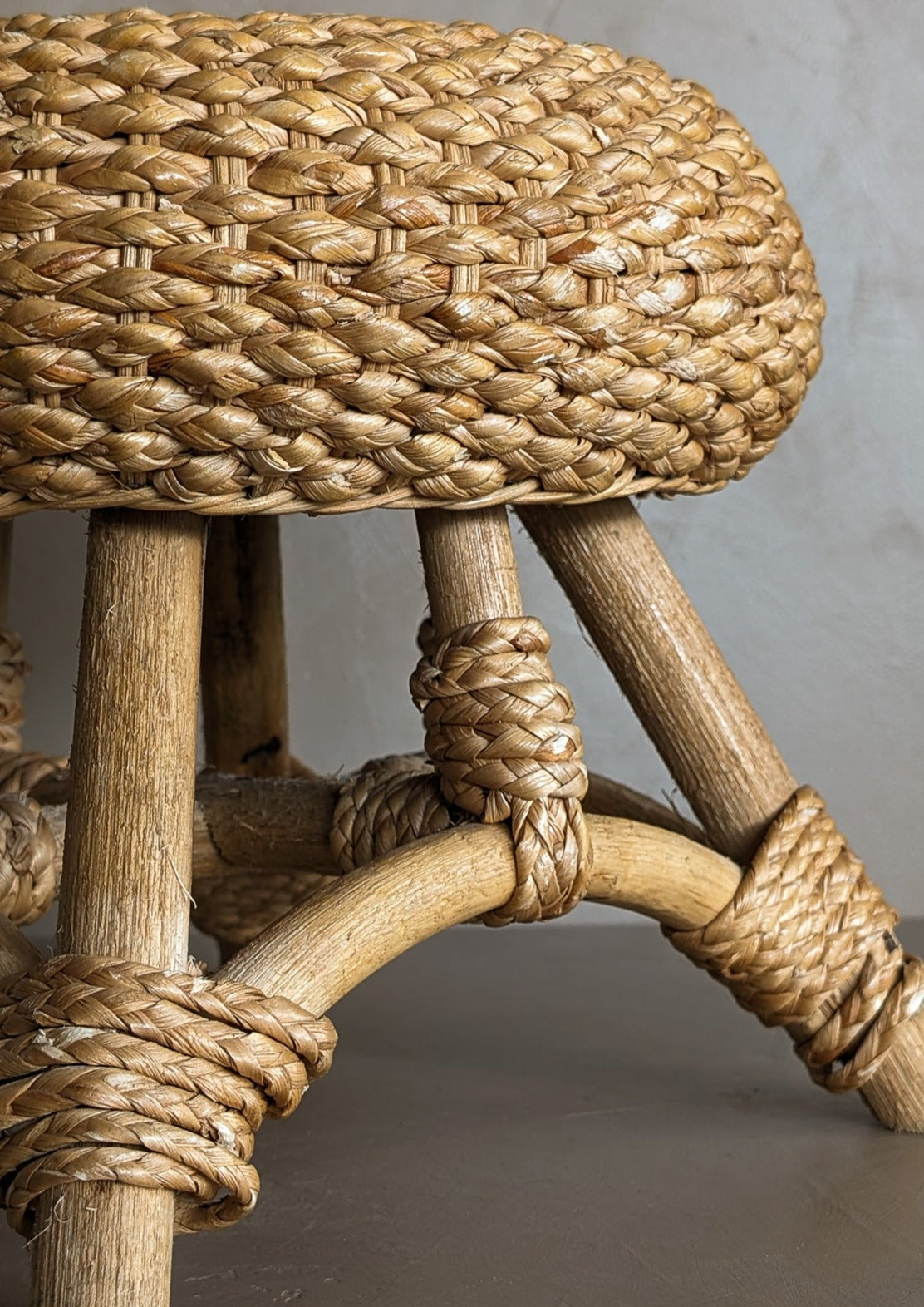 Vintage Mushroom-Top Blonde Textured Woven and Rattan Stool