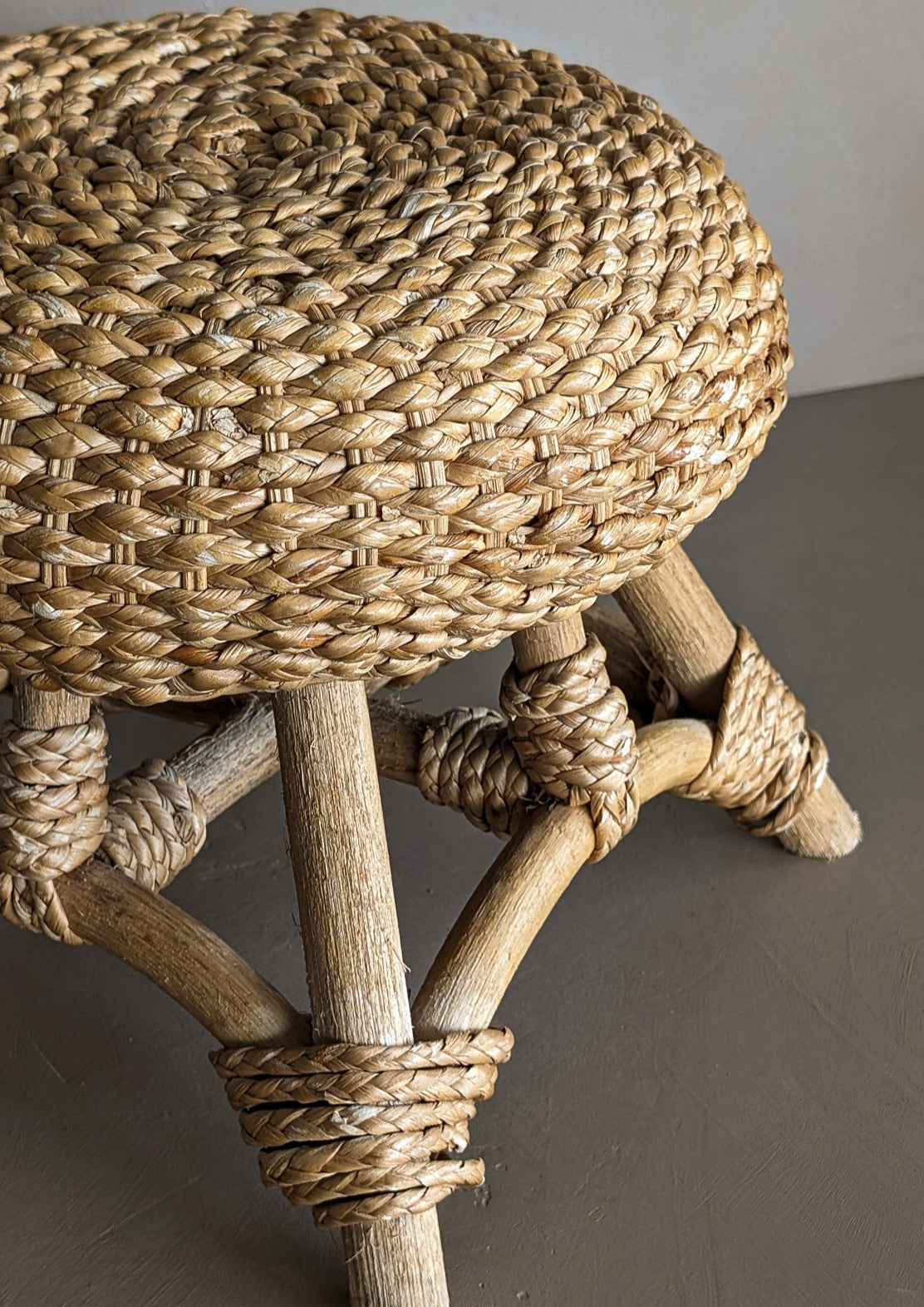 Vintage Mushroom-Top Blonde Textured Woven and Rattan Stool