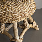 Vintage Mushroom-Top Blonde Textured Woven and Rattan Stool