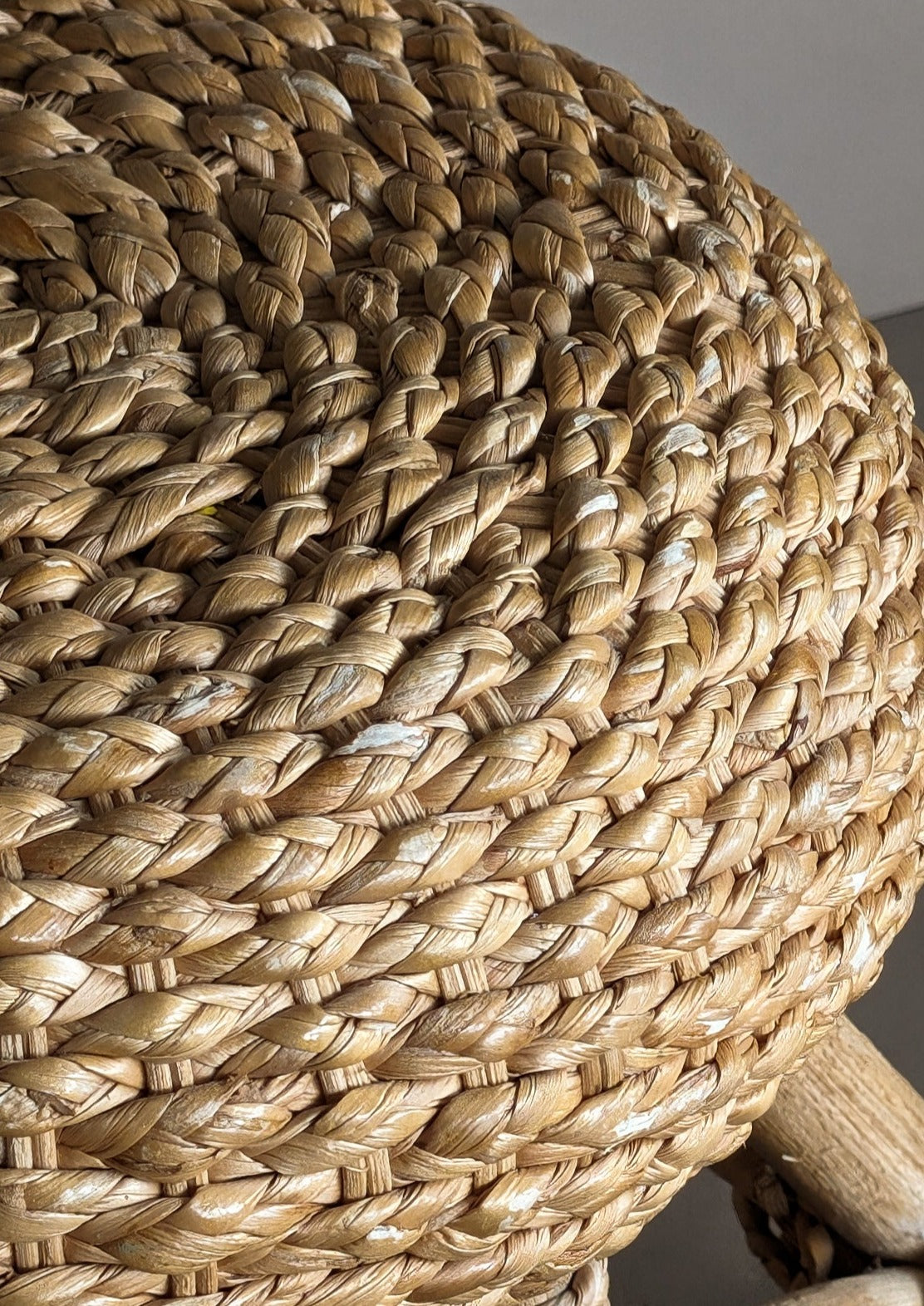 Vintage Mushroom-Top Blonde Textured Woven and Rattan Stool